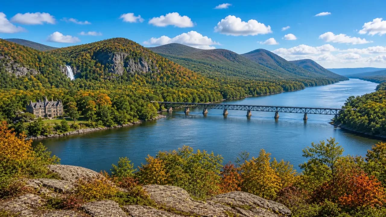 Hudson Valley river and Catskills mountains in autumn