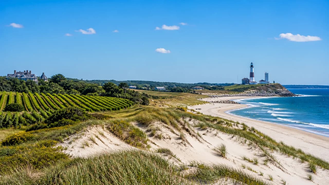 Long Island coastline and lighthouse under a clear sky